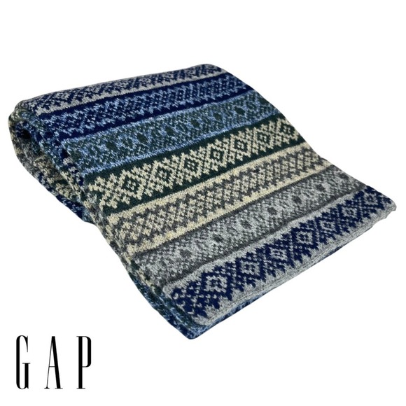 Gap Vintage 100%‎ Lamb Wool Nordic Fair Isle Knit Scarf Blue/Green/Cream - Picture 1 of 7